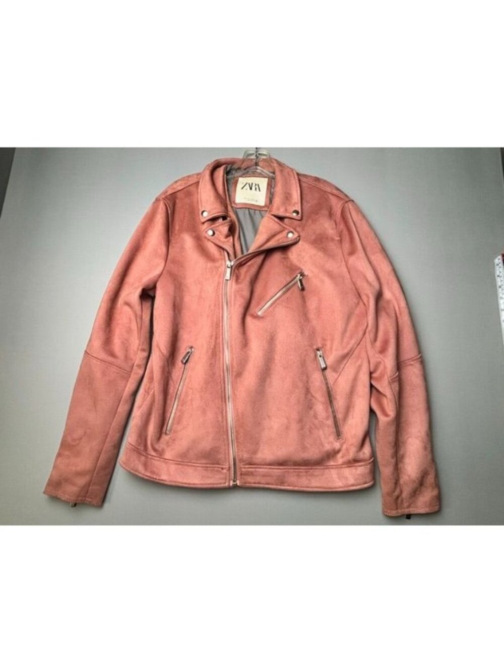 Zara Faux Suede Moto Jacket Women's Large Pink Plush Biker Zip Casual Coat